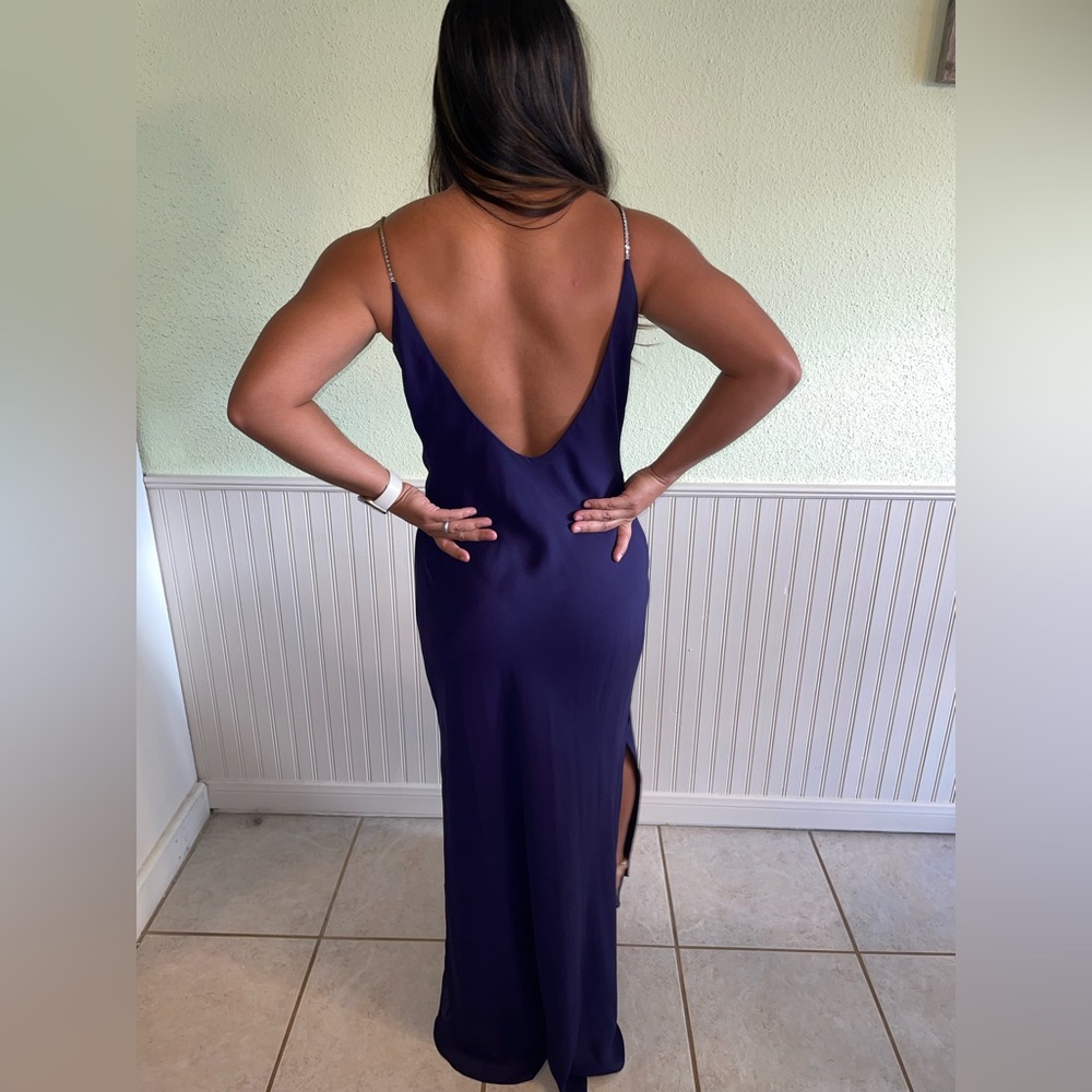 Dark purple evening dress with sparkly straps low back